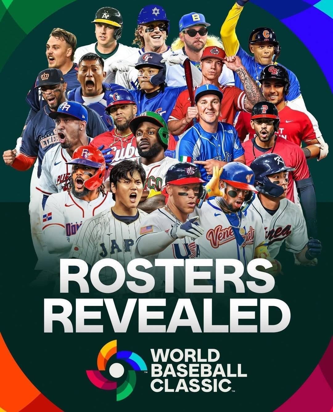 2026 WBC 官方釋出各國名單宣傳海報，中華隊「國防部長」張育成站在第三排中間，與各國球星同框。（圖片來源：WBC Official IG）