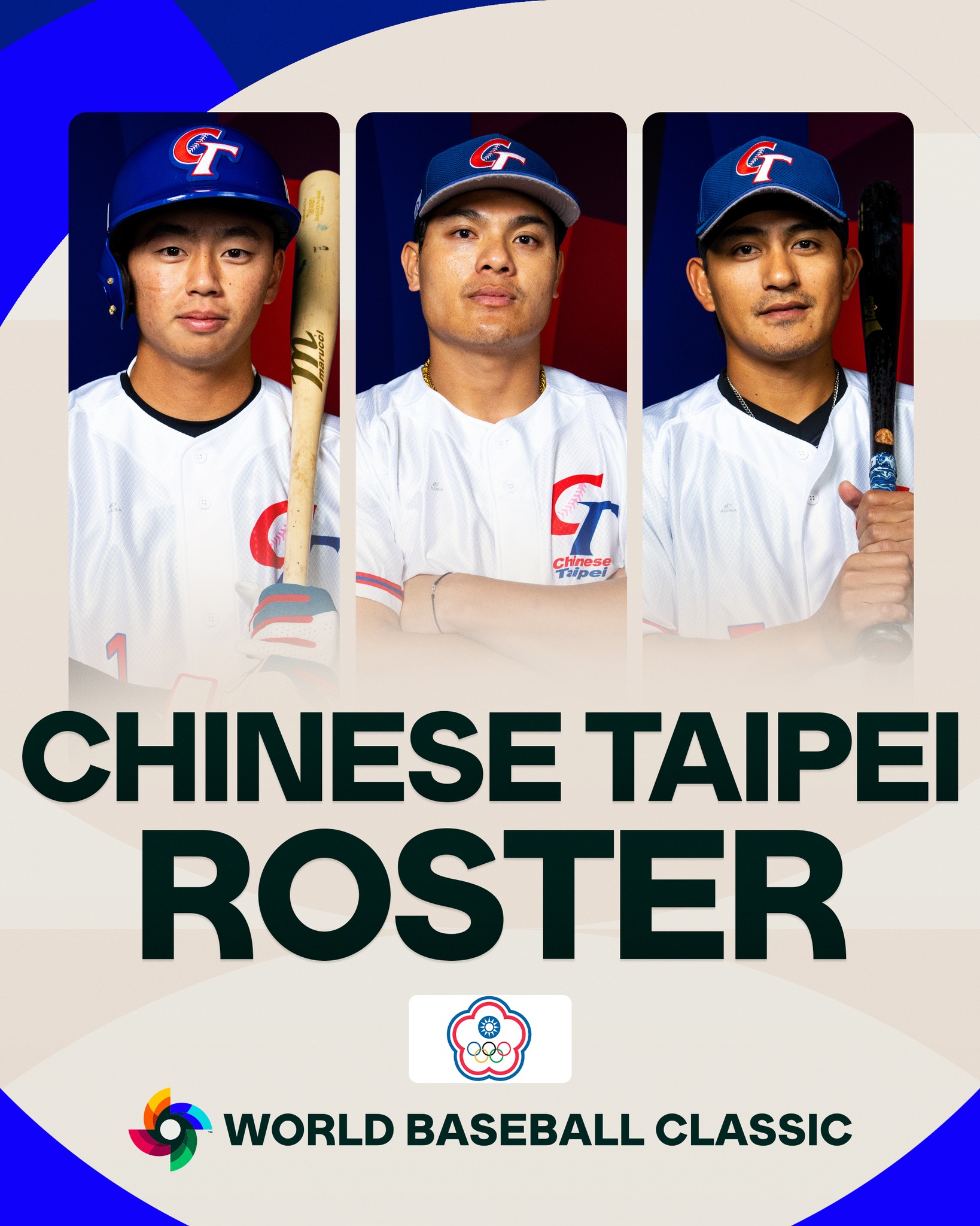 WBC 官方釋出 2026 中華隊（Chinese Taipei）名單宣傳海報，由旅美三劍客鄭宗哲（左）、張育成（中）、林子偉（右）代表臺灣。（圖片來源：WBC Official）