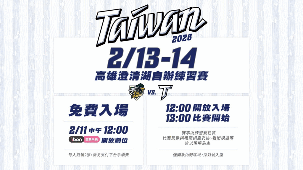【WBC 熱身賽】本周中華隊自辦練習賽高雄免費入場！2/11 中午開放劃位